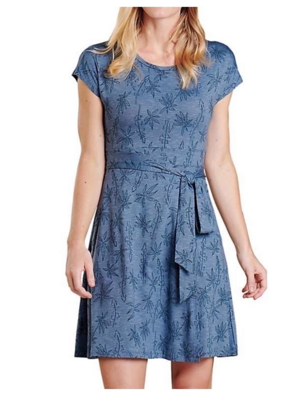 Toad&Co Cue Tropical Floral Print Faux Wrap Dress Short-Sleeve Blue Size Medium